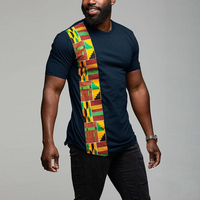 African Kente T Shirt Colour Print Top Wear Men's Ankara Style Panel Tees For Men Short Sleeve Black - Chocolate Boy Ltd