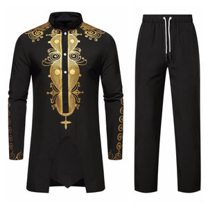 Autumn Leisure Dinner Print Design Men's Long Sleeve Shirt & Trousers 2 Piece Set