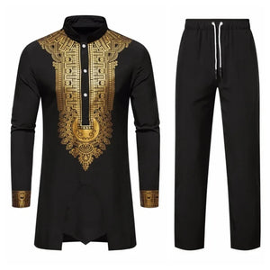 Autumn Leisure Dinner Print Design Men's Long Sleeve Shirt & Trousers 2 Piece Set