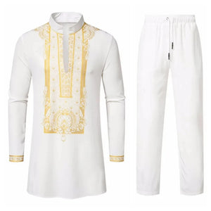 Autumn Leisure Dinner Print Design Men's Long Sleeve Shirt & Trousers 2 Piece Set