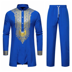 Autumn Leisure Dinner Print Design Men's Long Sleeve Shirt & Trousers 2 Piece Set