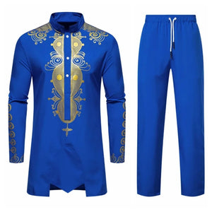 Autumn Leisure Dinner Print Design Men's Long Sleeve Shirt & Trousers 2 Piece Set