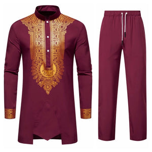 Autumn Leisure Dinner Print Design Men's Long Sleeve Shirt & Trousers 2 Piece Set
