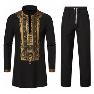 Autumn Leisure Dinner Print Design Men's Long Sleeve Shirt & Trousers 2 Piece Set
