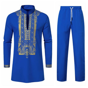 Autumn Leisure Dinner Print Design Men's Long Sleeve Shirt & Trousers 2 Piece Set