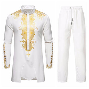 Autumn Leisure Dinner Print Design Men's Long Sleeve Shirt & Trousers 2 Piece Set