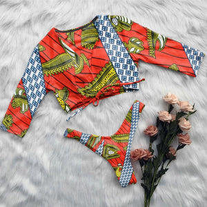 Long Sleeve Fashion Bikini Sexy Women Push Up Lace Up High Waist 2-Piece Swimsuit
