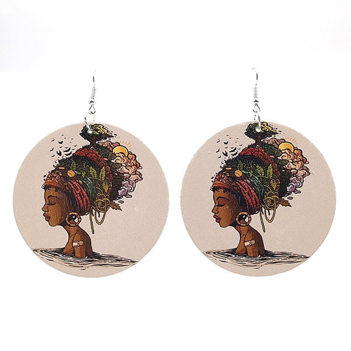 African Sexy Girls Pattern Wooden Punk Style Big Round Drop Earrings For Women Jewelry Decoration