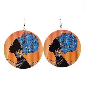 African Sexy Girls Pattern Wooden Punk Style Big Round Drop Earrings For Women Jewelry Decoration