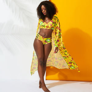 High Waist Women Push Up Split Summer Swimsuit 2-Piece Bikini Suit Cute Yellow Flower Beach Suit