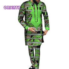 Load image into Gallery viewer, African Men Clothes Long Sleeve Shirt Gown and Pants Traditional African Bazin Riche Print Tops - Chocolate Boy Ltd