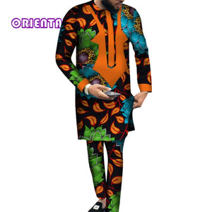 African Men Clothes Long Sleeve Shirt Gown and Pants Traditional African Bazin Riche Print Tops - Chocolate Boy Ltd