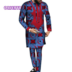 African Men Clothes Long Sleeve Shirt Gown and Pants Traditional African Bazin Riche Print Tops - Chocolate Boy Ltd