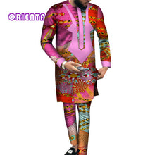 Load image into Gallery viewer, African Men Clothes Long Sleeve Shirt Gown and Pants Traditional African Bazin Riche Print Tops - Chocolate Boy Ltd
