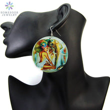 Load image into Gallery viewer, Painted African Eco Tribal Wood Drop Earrings Black Headwrap Woman Pattern Afrocentric Art Jewelry Accessories