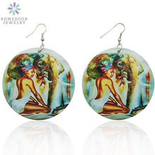 Load image into Gallery viewer, Painted African Eco Tribal Wood Drop Earrings Black Headwrap Woman Pattern Afrocentric Art Jewelry Accessories