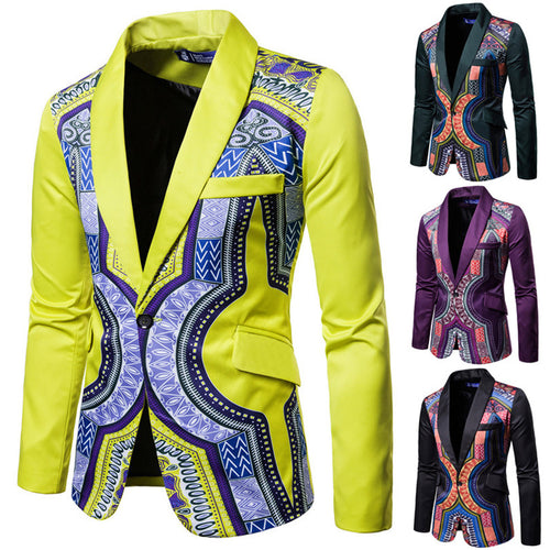 Dashiki Ethnic Style Men Long Sleeve Casual Coats Blazer African Suit Coat One Button Slim Fit Print Blazer - Chocolate Boy Ltd
