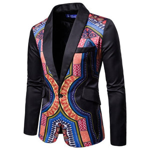 Dashiki Ethnic Style Men Long Sleeve Casual Coats Blazer African Suit Coat One Button Slim Fit Print Blazer - Chocolate Boy Ltd
