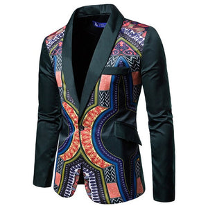 Dashiki Ethnic Style Men Long Sleeve Casual Coats Blazer African Suit Coat One Button Slim Fit Print Blazer - Chocolate Boy Ltd