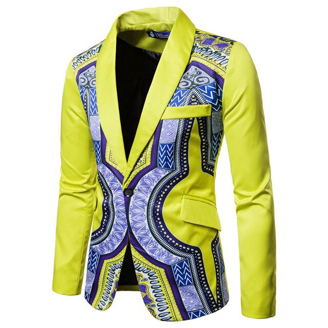 Dashiki Ethnic Style Men Long Sleeve Casual Coats Blazer African Suit Coat One Button Slim Fit Print Blazer - Chocolate Boy Ltd