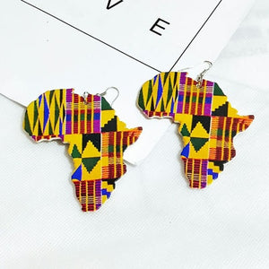 African Map Outline Printed Stripes Afro Earrings Vintage Traditional Tribal Jewelry Wooden Accessories