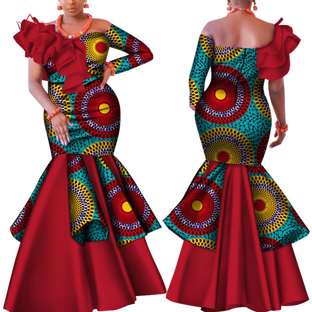 Danshiki Africa Dress for Women Bazin Riche one-shoulder Sexy Slash Neck Wedding Party Dress
