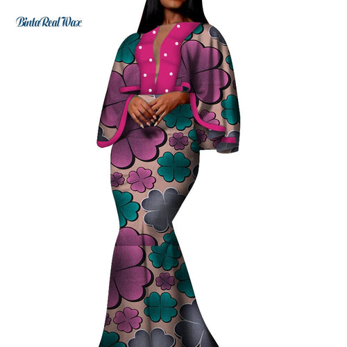 Autumn African Print Long Dresses for Women Bazin Riche Cotton Ruffles Sleeve Dresses