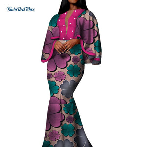Autumn African Print Long Dresses for Women Bazin Riche Cotton Ruffles Sleeve Dresses