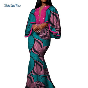 Autumn African Print Long Dresses for Women Bazin Riche Cotton Ruffles Sleeve Dresses