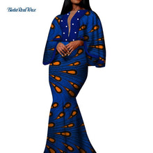 Load image into Gallery viewer, Autumn African Print Long Dresses for Women Bazin Riche Cotton Ruffles Sleeve Dresses