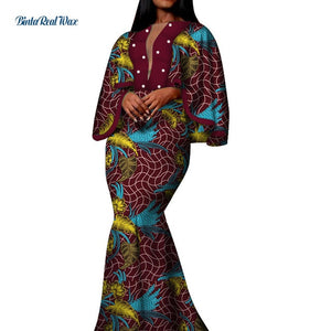 Autumn African Print Long Dresses for Women Bazin Riche Cotton Ruffles Sleeve Dresses