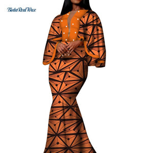 Autumn African Print Long Dresses for Women Bazin Riche Cotton Ruffles Sleeve Dresses