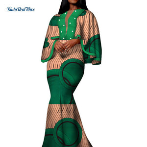 Autumn African Print Long Dresses for Women Bazin Riche Cotton Ruffles Sleeve Dresses