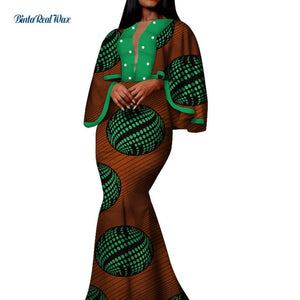 Autumn African Print Long Dresses for Women Bazin Riche Cotton Ruffles Sleeve Dresses