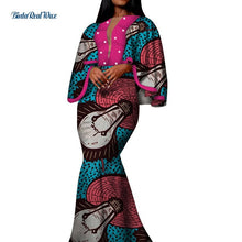 Load image into Gallery viewer, Autumn African Print Long Dresses for Women Bazin Riche Cotton Ruffles Sleeve Dresses