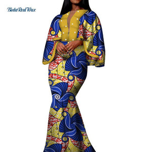Autumn African Print Long Dresses for Women Bazin Riche Cotton Ruffles Sleeve Dresses