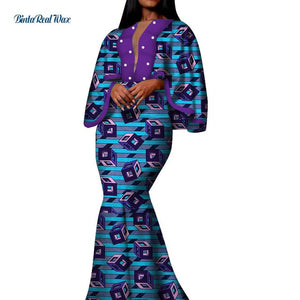 Autumn African Print Long Dresses for Women Bazin Riche Cotton Ruffles Sleeve Dresses