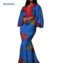Load image into Gallery viewer, Autumn African Print Long Dresses for Women Bazin Riche Cotton Ruffles Sleeve Dresses