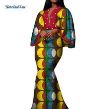 Load image into Gallery viewer, Autumn African Print Long Dresses for Women Bazin Riche Cotton Ruffles Sleeve Dresses