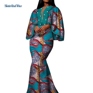Autumn African Print Long Dresses for Women Bazin Riche Cotton Ruffles Sleeve Dresses
