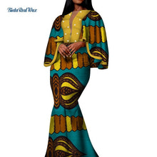 Load image into Gallery viewer, Autumn African Print Long Dresses for Women Bazin Riche Cotton Ruffles Sleeve Dresses