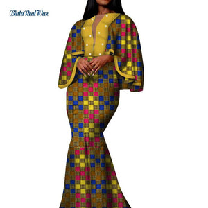 Autumn African Print Long Dresses for Women Bazin Riche Cotton Ruffles Sleeve Dresses