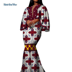 Autumn African Print Long Dresses for Women Bazin Riche Cotton Ruffles Sleeve Dresses