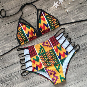 Sexy Backless Bikinis African Print Swimsuits High Waist Bathing Suit Beach Push Up Swimwear Set
