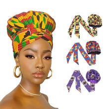 Load image into Gallery viewer, African Ankara Pattern Satin Lined Bonnet Women Long Ribbon Headwrap Double Layer Headscarf Hair Cover