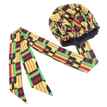 Load image into Gallery viewer, African Ankara Pattern Satin Lined Bonnet Women Long Ribbon Headwrap Double Layer Headscarf Hair Cover