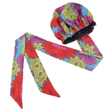 Load image into Gallery viewer, African Ankara Pattern Satin Lined Bonnet Women Long Ribbon Headwrap Double Layer Headscarf Hair Cover