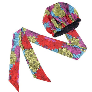 African Ankara Pattern Satin Lined Bonnet Women Long Ribbon Headwrap Double Layer Headscarf Hair Cover