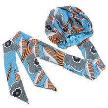 Load image into Gallery viewer, African Ankara Pattern Satin Lined Bonnet Women Long Ribbon Headwrap Double Layer Headscarf Hair Cover