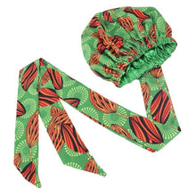 Load image into Gallery viewer, African Ankara Pattern Satin Lined Bonnet Women Long Ribbon Headwrap Double Layer Headscarf Hair Cover